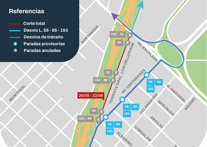 Cortes y desvíos por obras en el entorno de la autopista Dellepiane